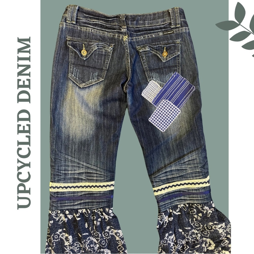 Upcycled Denim Patchwork Flare Jeans Boho Y2K 27 - Picture 9 of 9